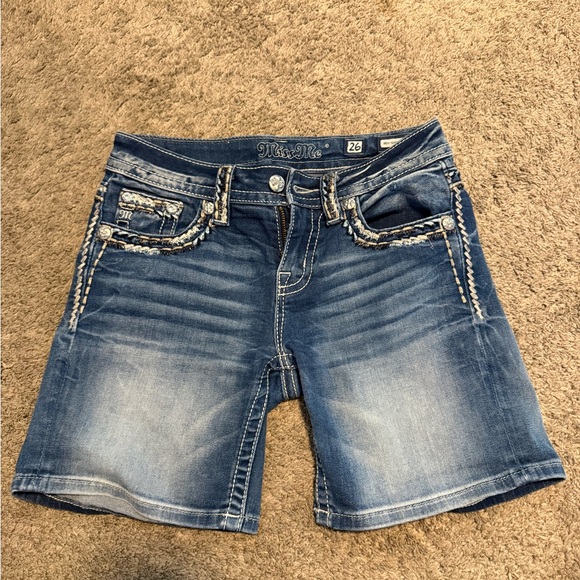 Miss Me Dark Blue Jean Shorts with White Stitching - Picture 1 of 3